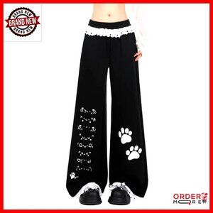 Y2K Kawaii Cat Print Wide Leg Sweatpants with Lace Trim, 100% Cotton